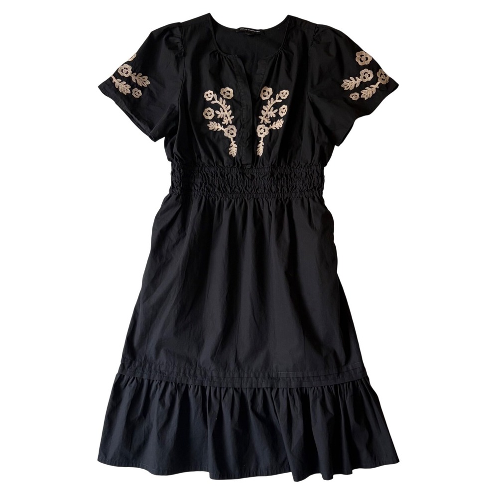 FRENCH CONNECTION Embroidered Midi Dress Size L Puff Sleeve Smocked Ruffle Black - Picture 2 of 15